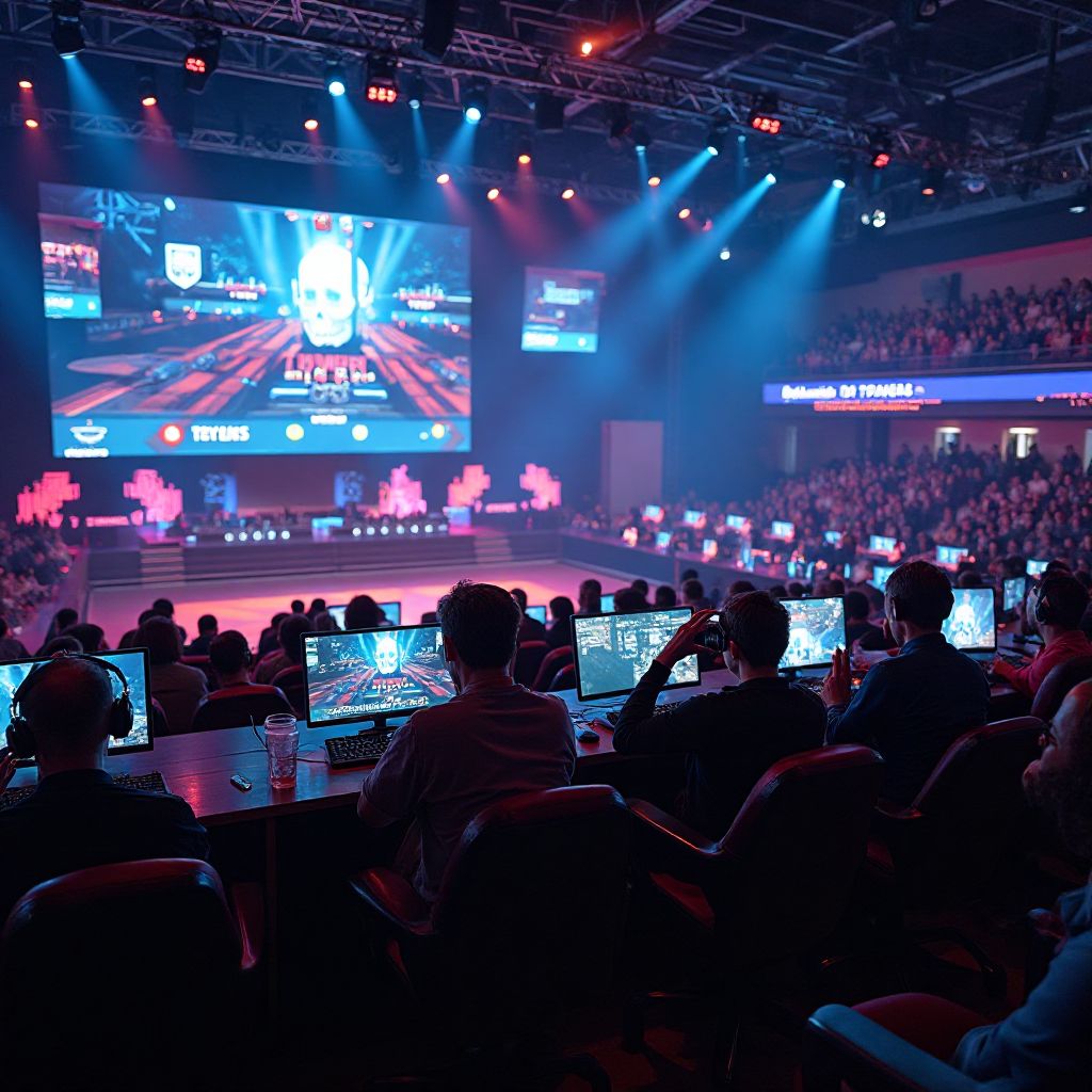 Esports tournament arena filled with competitive gamers