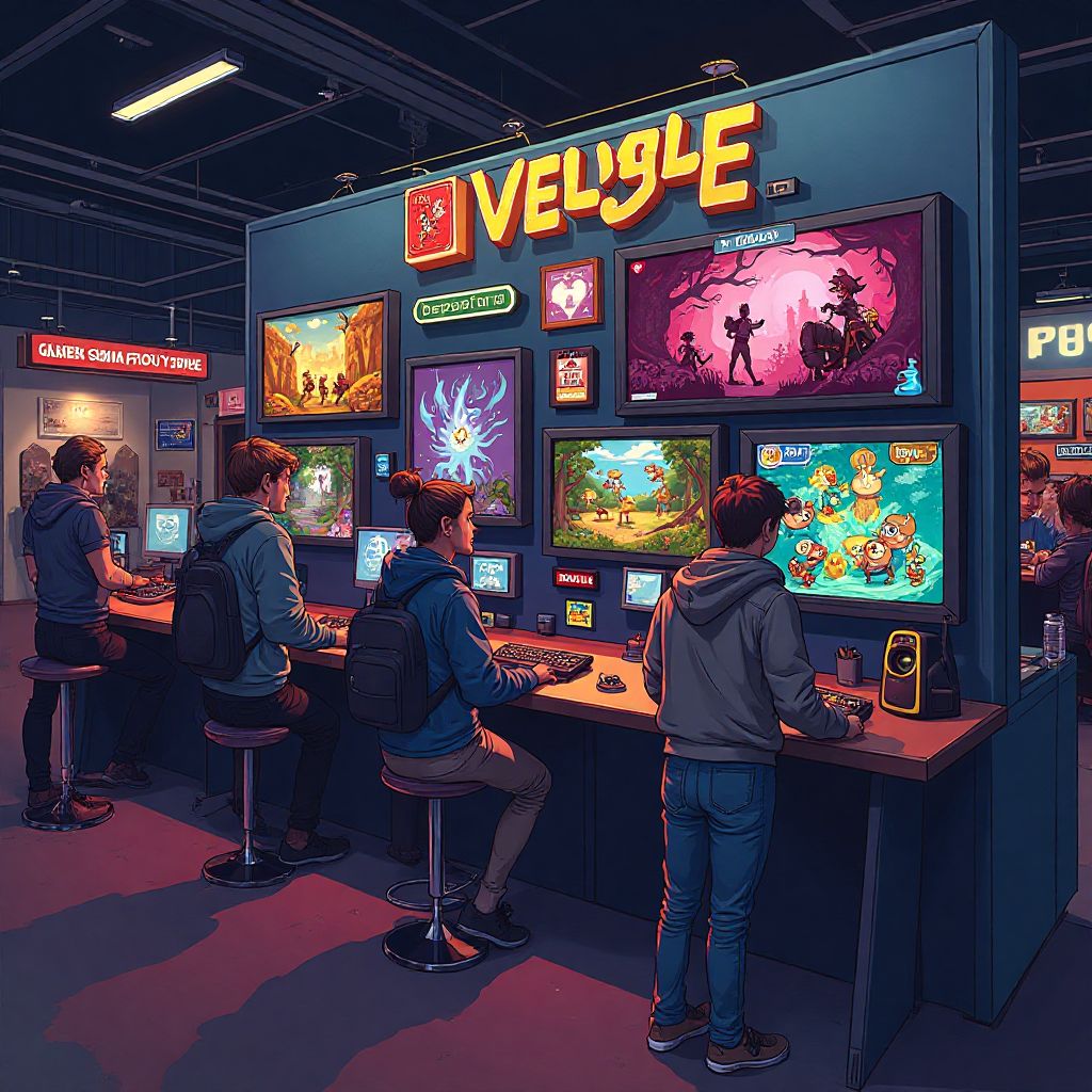 Indie game showcase booth with developers presenting
